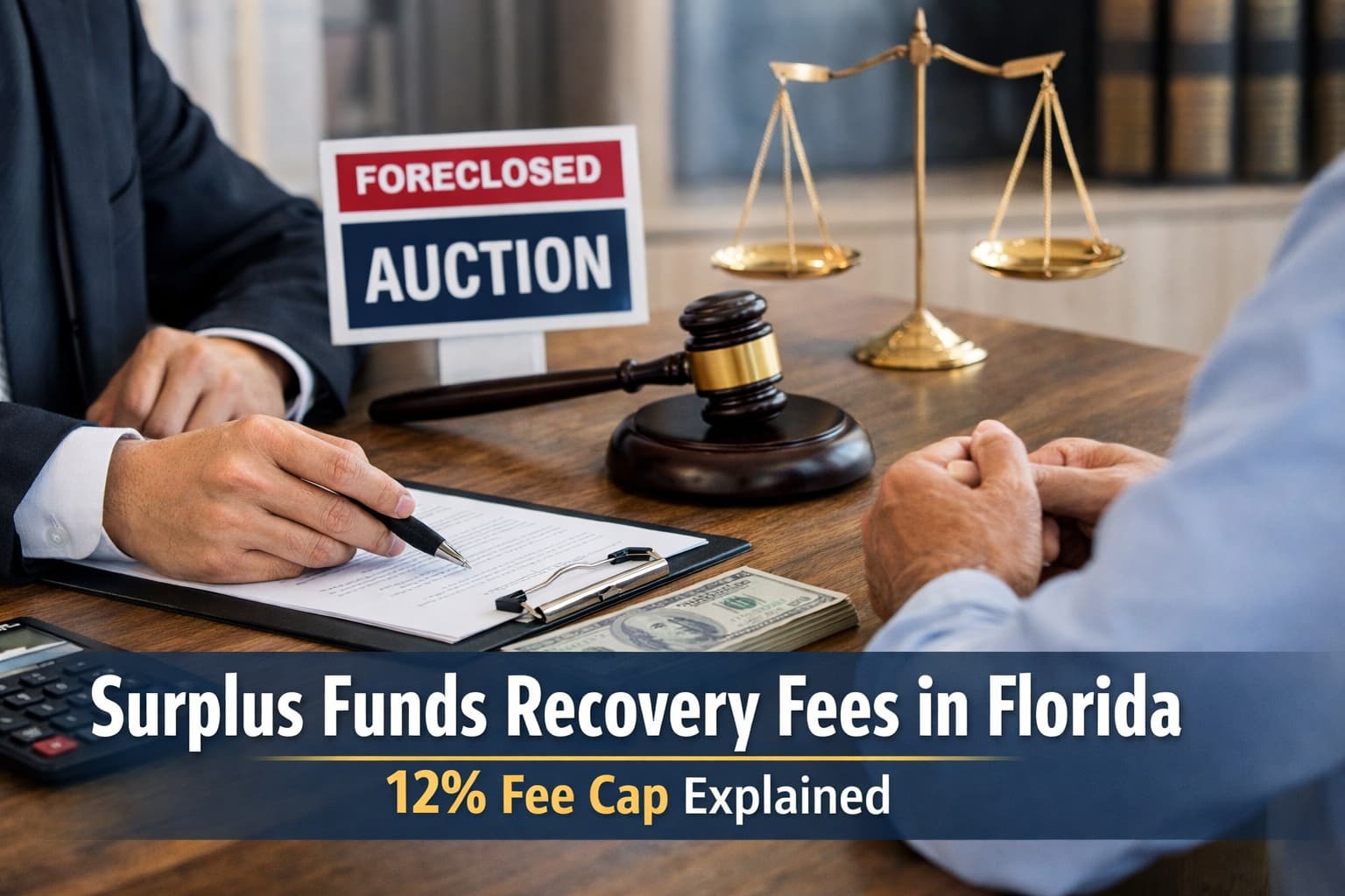 Florida surplus funds recovery attorney explaining 12 percent fee cap under Florida Statute 45.033 during foreclosure surplus consultation