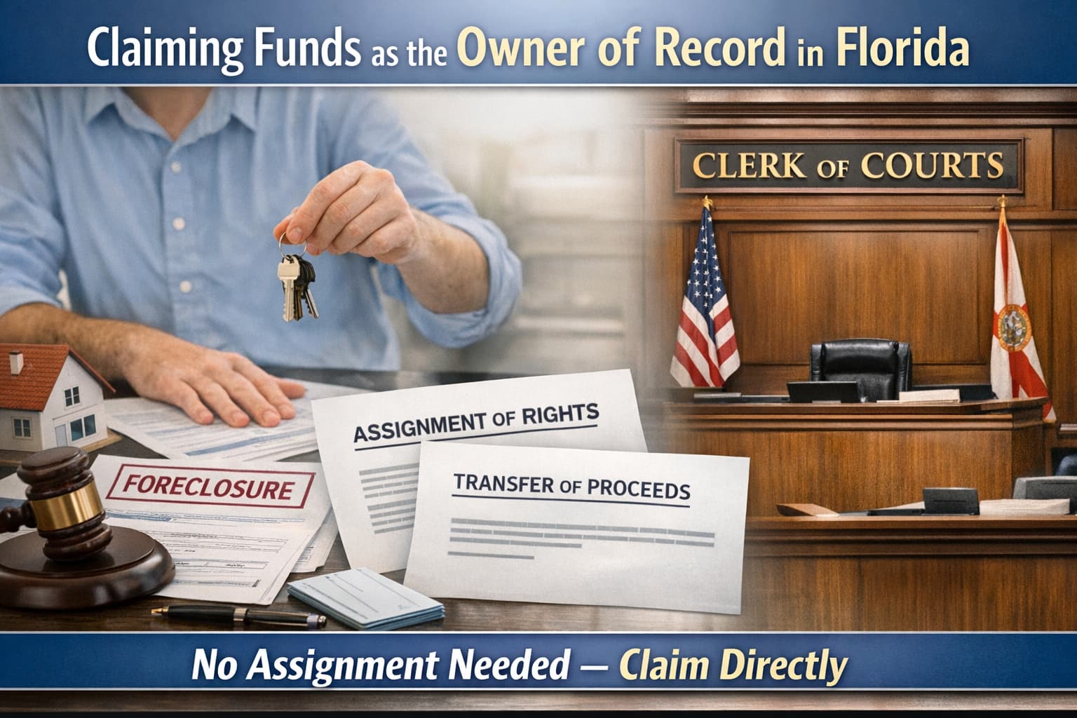 Owner of record claiming foreclosure surplus funds in Florida without assignment of rights, showing foreclosure documents, assignment papers, and clerk of court courtroom setting.