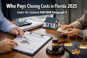 Real estate closing scene showing contract signing, house model, keys, and money representing who pays closing costs in Florida 2025 under FAR BAR Paragraph 9