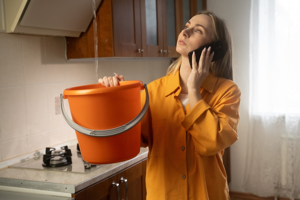 Woman on phone holds a bucket under a leaking ceiling